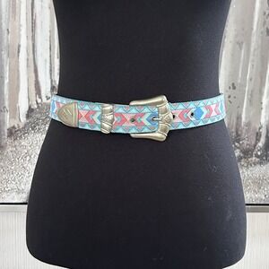 Vintage 90's Nuovo Blue Pink Aztec Geometric Pattern Silver Buckle Belt - XS/ 9